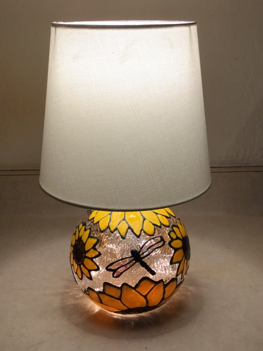 Sunflower Dragonfly Hand Painted Stained Glass 13 inch lamp